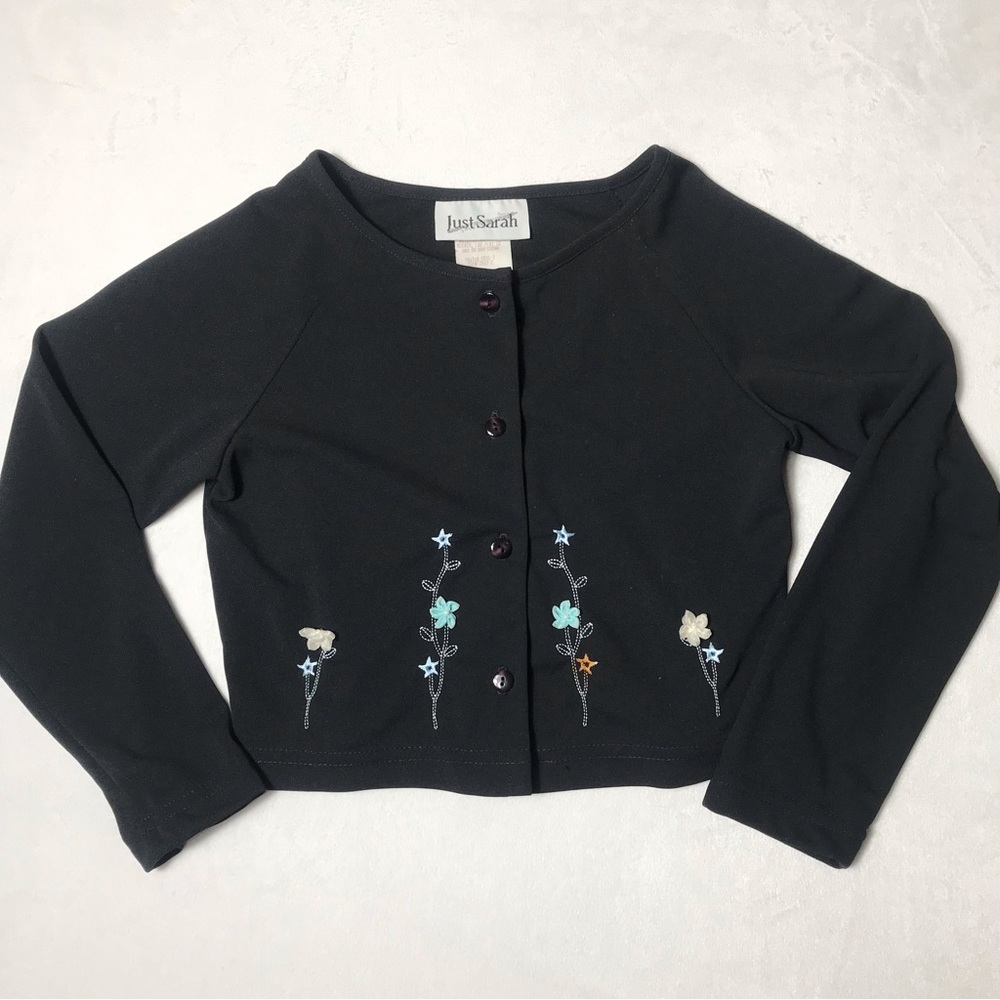 Vintage Girls' Black Embroidered Button-Up Cardigan